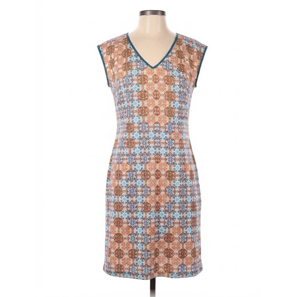 Sundance Silk Geometric Mosaic Tile Print V-Neck Shift Dress Orange Blue Size 12